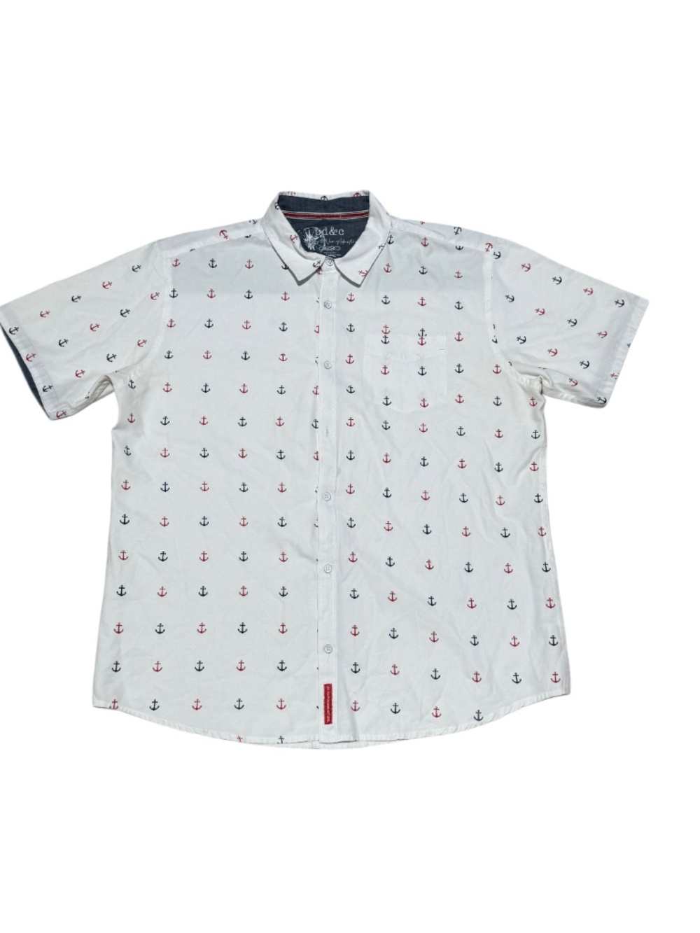 PD&C Men Button Down Shirt White Anchor Print Red Navy Nautical Casual | XL